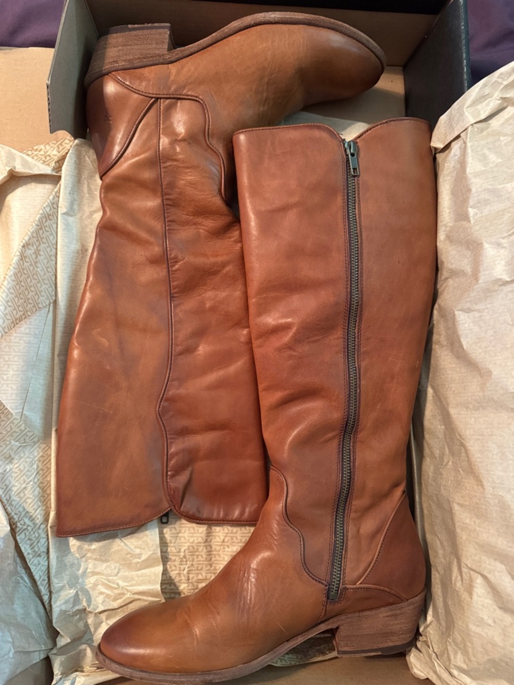 Frye Carson Piping Tall Brown Leather Boots - Picture 3 of 11
